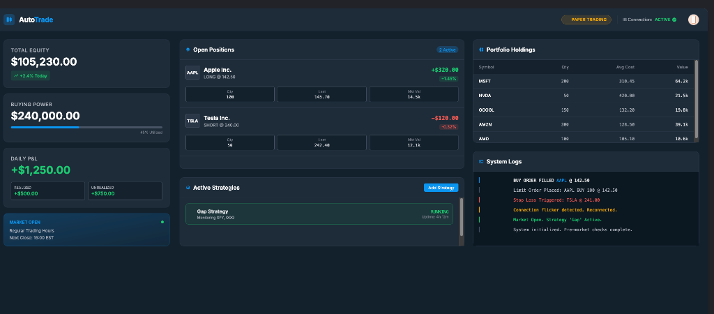 NextGen AutoTrade Dashboard — Real-time portfolio monitoring, open positions, and system logs